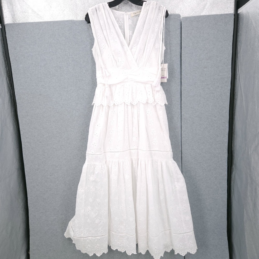 Taylor Eyelet Midi Sleeveless A Line V Neck White Dress Womens Size 6 NWT
